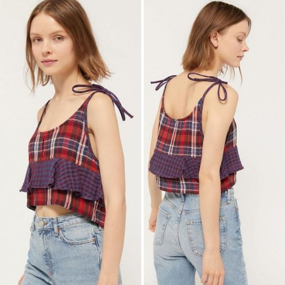 Urban Outfitters Jo Plaid Tie-Shoulder Cropped Top - Picture 1 of 8